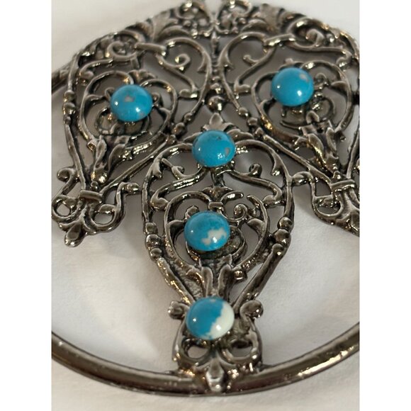 Vintage Silver Tone Necklace Pendant Intricate Filigree Design Circle Jewelry - Picture 2 of 5